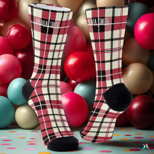 Personalised Red and White Tartan Plaid Custom Socks