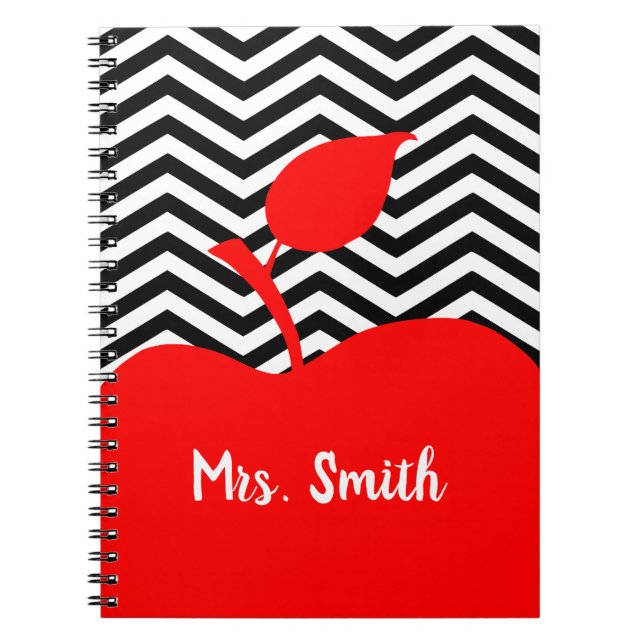 Personalised Red Apple Black and White Chevron Notebook (Front)