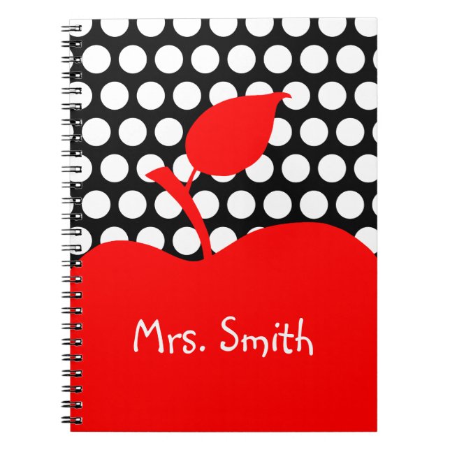 Personalised Red Apple Black and White Polka Dot Notebook (Front)