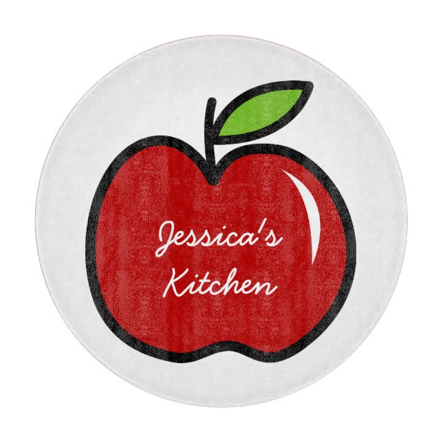 Personalised red apple fruit glass cutting board (Front)