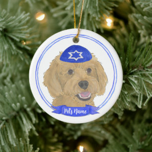 Personalised Red Apricot Gold Doodle Dog Hanukkah Ceramic Ornament