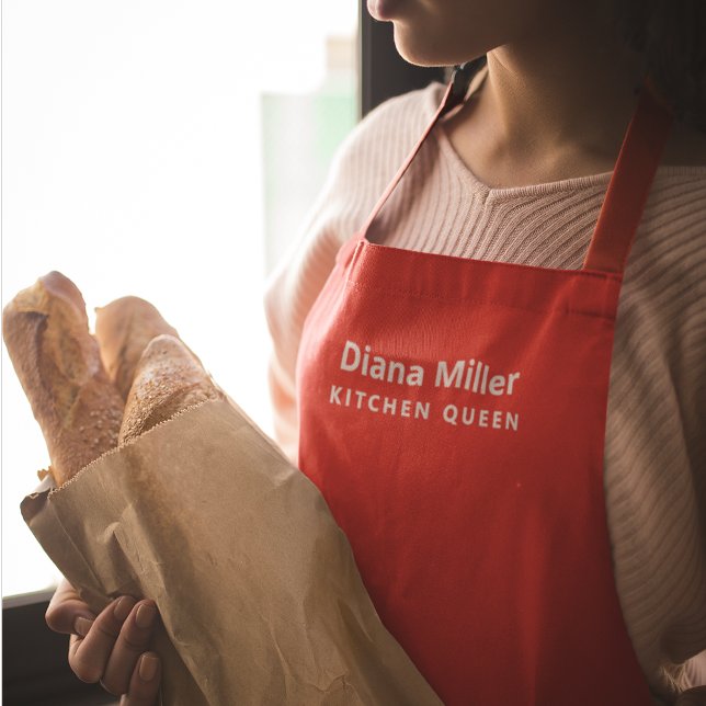 personalised red apron with name of the chef (custom mom name)