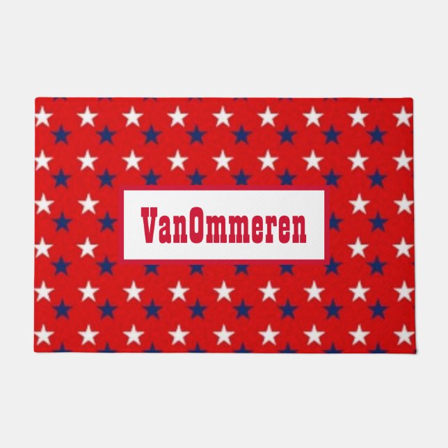 Personalised RED, Background, WHITE & BLUE Stars Doormat (Front)