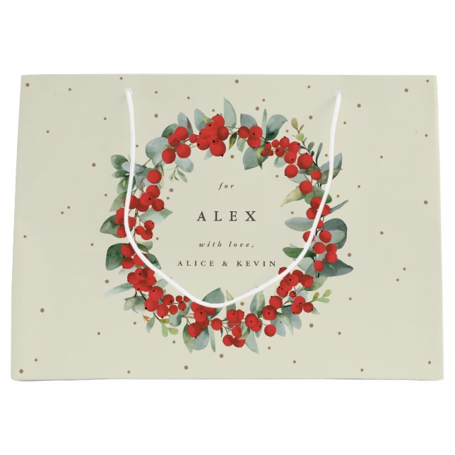 Personalised Red Berry+Eucalyptus Christmas Large Gift Bag (Front)