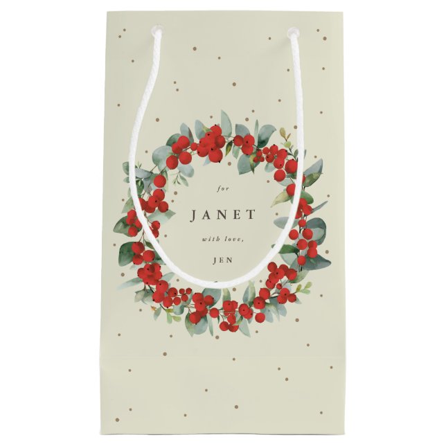 Personalised Red Berry+Eucalyptus Christmas Small Gift Bag (Front)