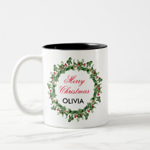 Personalised Red Berry Holly Christmas  Two-Tone Coffee Mug