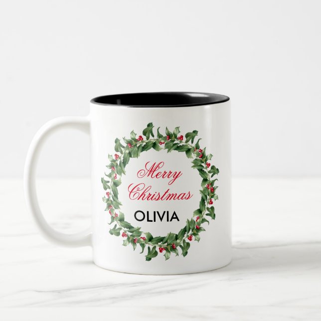 Personalised Red Berry Holly Christmas  Two-Tone Coffee Mug (Left)