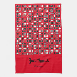 Personalised Red Black And Grey Circles Tea Towel