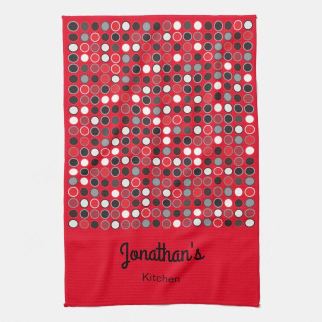 Personalised Red Black And Grey Circles Tea Towel (Vertical)