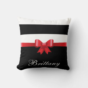 Personalised RED, Black Bold Stripes ELEGANT BOW Cushion