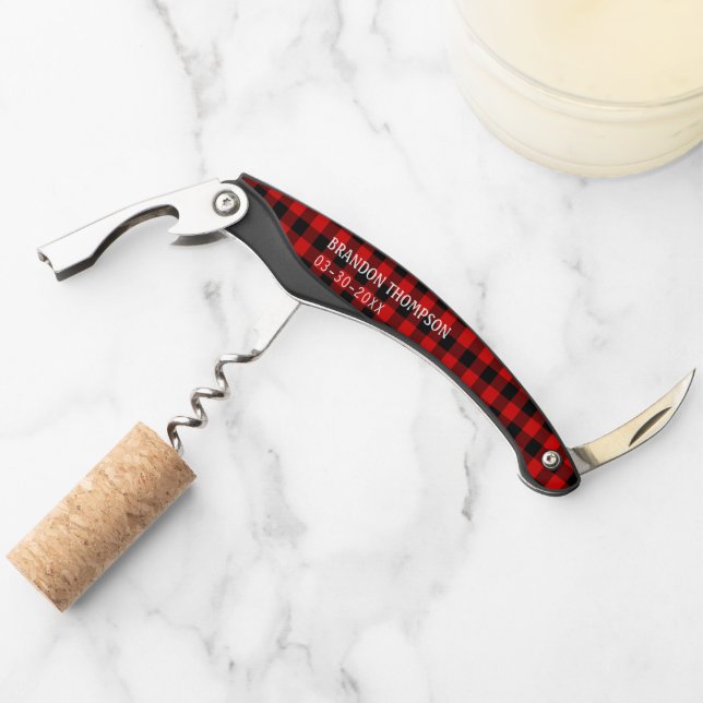 Personalised Red Black Buffalo Lumberjack Plaid Corkscrew (Front)