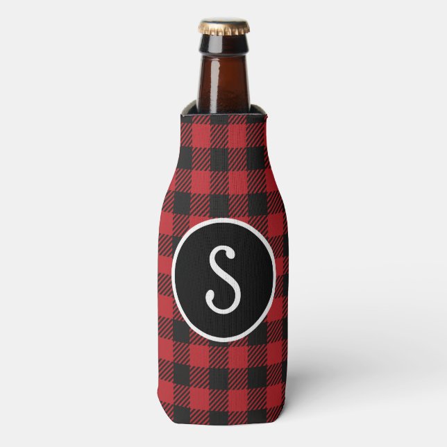 Personalised Red & Black Buffalo Plaid Monogram  Bottle Cooler (Bottle Front)
