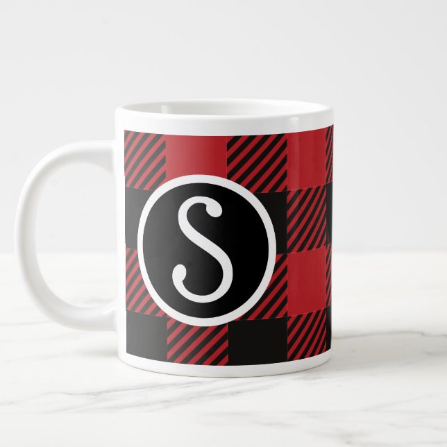 Personalised Red & Black Buffalo Plaid Monogram  Large Coffee Mug (Left)