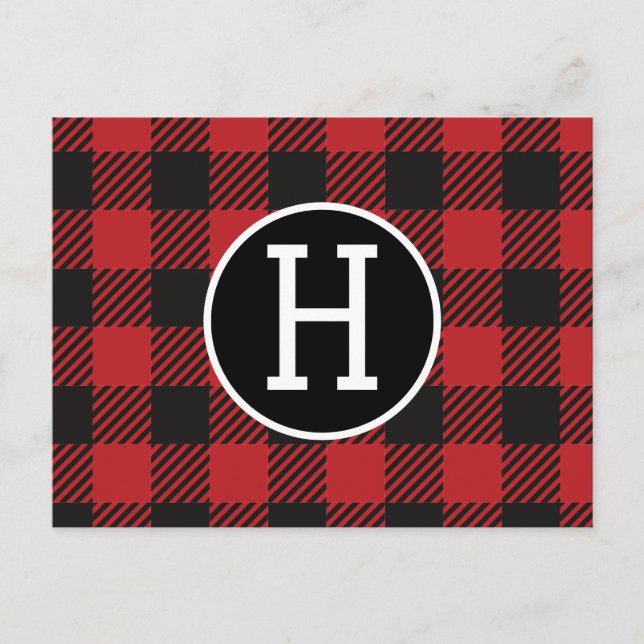 Personalised Red & Black Buffalo Plaid Monogram  Postcard (Front)