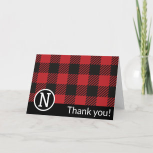 Personalised Red & Black Buffalo Plaid Monogram  Thank You Card