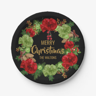 Personalised RED Black Gold MERRY CHRISTMAS Wreath Paper Plate