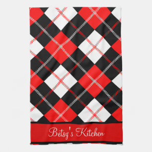 Personalised Red Black White Argyle Plaid  Tea Towel