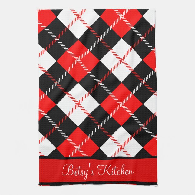 Personalised Red Black White Argyle Plaid  Tea Towel (Vertical)