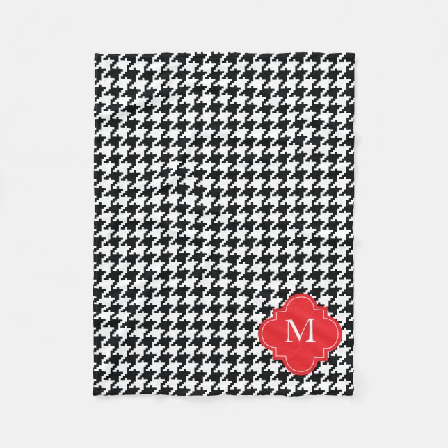 Personalised Red Black White Houndstooth Pattern Fleece Blanket (Front)