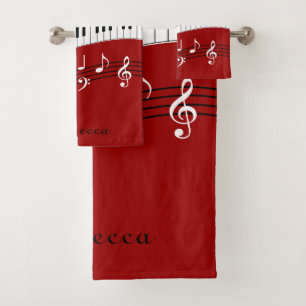 Personalised Red Black White Piano Keys Bath Towel Set