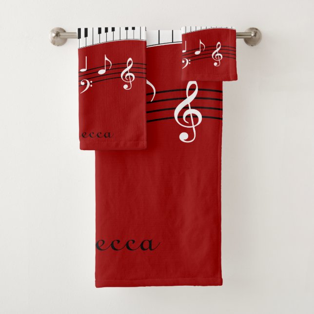 Personalised Red Black White Piano Keys Bath Towel Set (Insitu)