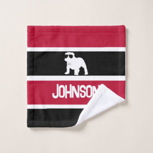 Personalised Red Black White Striped Bulldog Pup Bath Towel Set