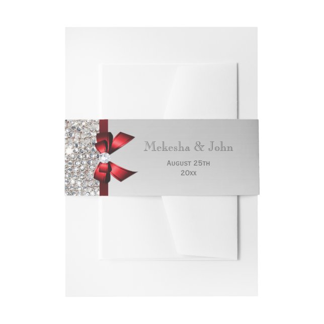 Personalised Red Bow & Diamonds Wedding Invitation Belly Band (Front Example)