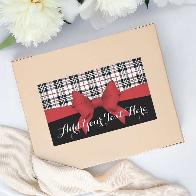 Personalised Red Bow Ribbon Black Tartan Plaid Rectangular Sticker (Creator Uploaded)