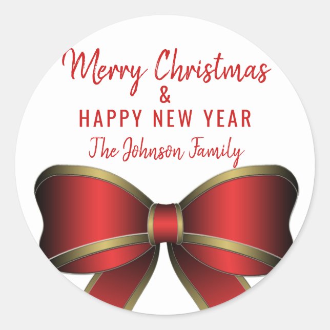 Personalised Red Bow White MERRY CHRISTMAS Tree Classic Round Sticker (Front)