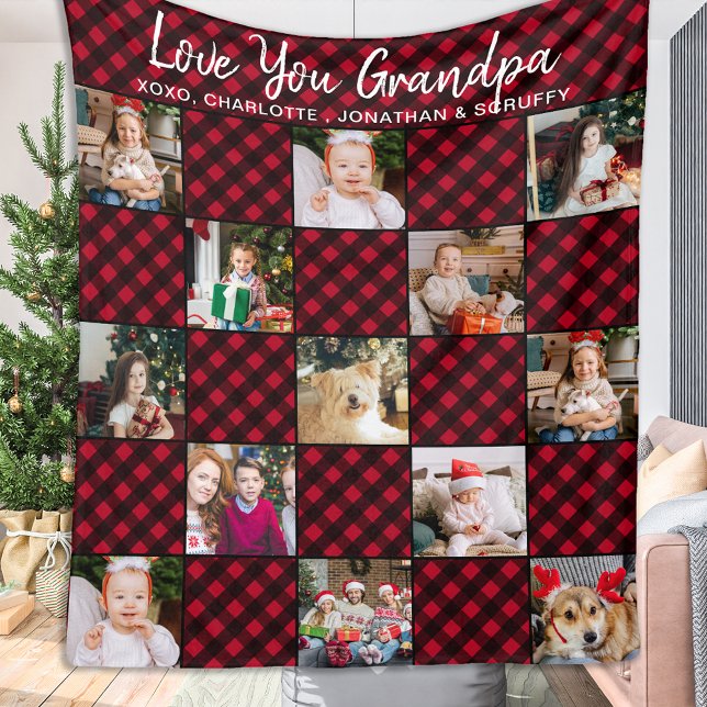 Personalised Red Buffalo Plaid 13 Photo Collage  Fleece Blanket (Creator Uploaded)