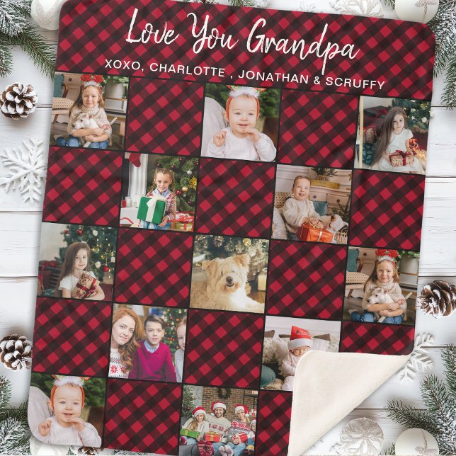 Personalised Red Buffalo Plaid 13 Photo Collage Sherpa Blanket (Creator Uploaded)