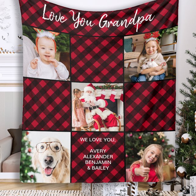 Personalised Red Buffalo Plaid 5 Photo Collage Fleece Blanket (Creator Uploaded)