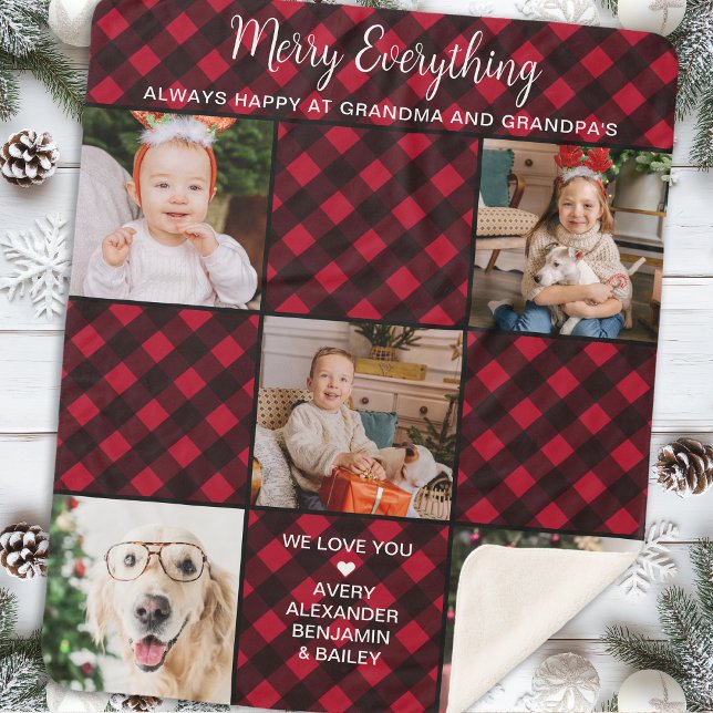 Personalised Red Buffalo Plaid 5 Photo Collage Sherpa Blanket (Creator Uploaded)