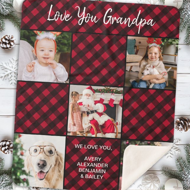 Personalised Red Buffalo Plaid 5 Photo Collage Sherpa Blanket (Creator Uploaded)