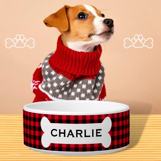 Personalised Red Buffalo Plaid Dog Bone Name Bowl (Creator Uploaded)