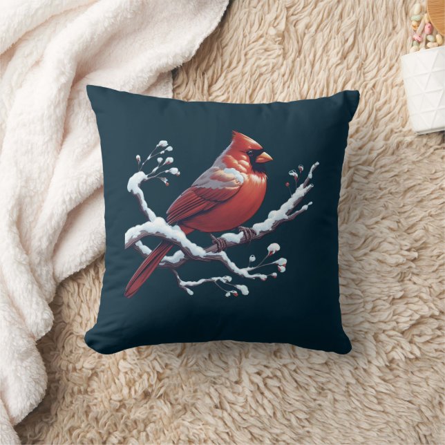 Personalised Red Cardinal Bird Snowy Tree Branch  Cushion (Blanket)