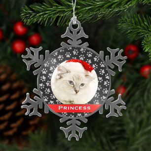 Personalised Red Cat Pet Photo Snowflake Pewter Christmas Ornament