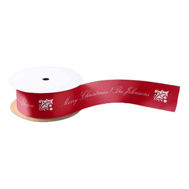 Personalised red Christmas ribbon with Holly leaf Satin Ribbon (Spool)