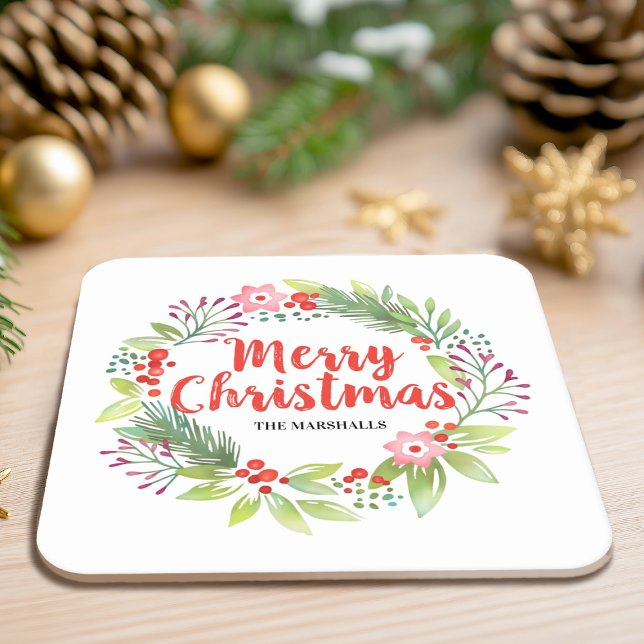 Personalised Red Christmas Square Paper Coaster (A pretty watercolor wreath paper Christmas Coaster, for your holiday party)