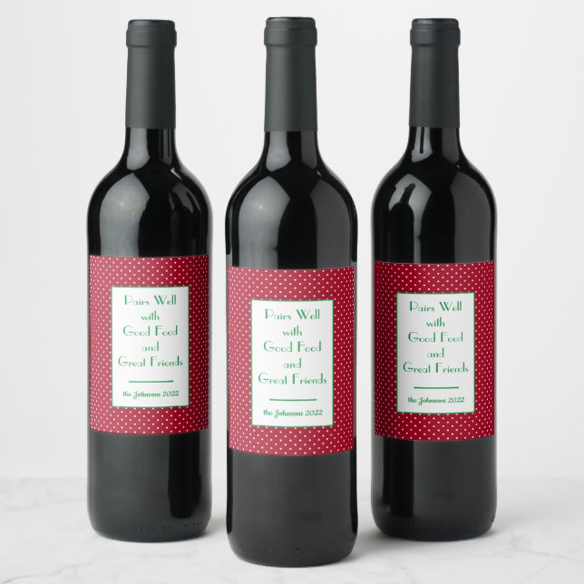 Personalised Red Christmas Swiss Dots Set of (6) Wine Label (Bottles)