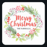 Personalised Red Christmas Wreath Square Sticker<br><div class="desc">An elegant decorative Christmas holiday wreath square sticker. Personalise it with your family name. A pretty decoration for your Christmas gifts. Designed for you by Blackberry Boulevard.</div>