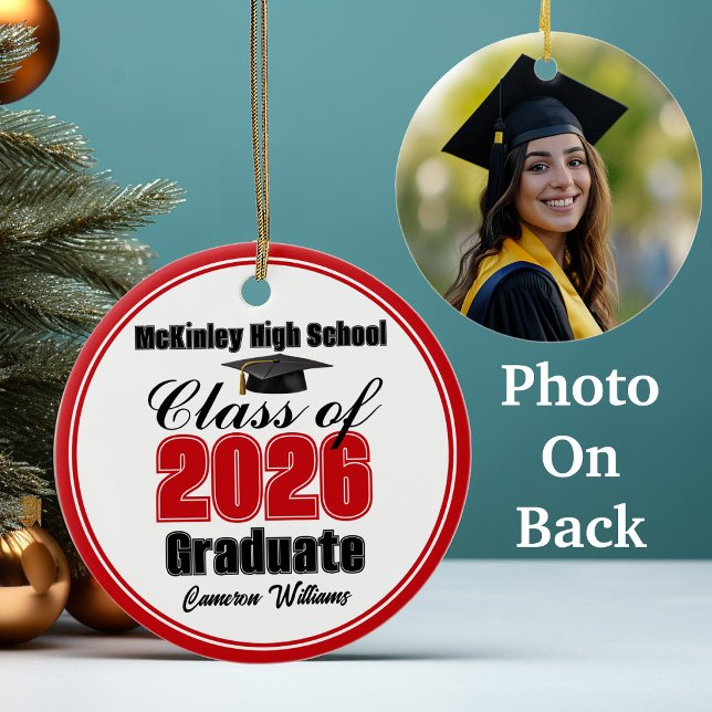 Personalised Red Class of 2026 Graduation Photo Ceramic Ornament (Creator Uploaded)