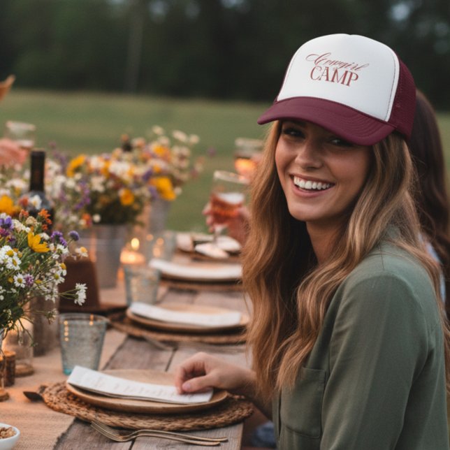 Personalised Red Cowgirl Camp Bachelorette Trucker Hat (Pack your boots and cowboy hat for an epic bachelorette weekend! )
