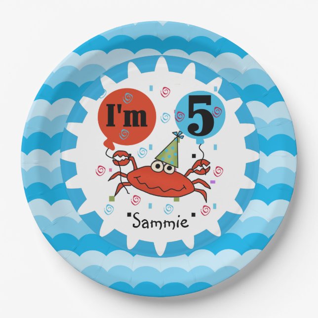 Personalised Red Crab 5th Birthday Paper Plates (Front)
