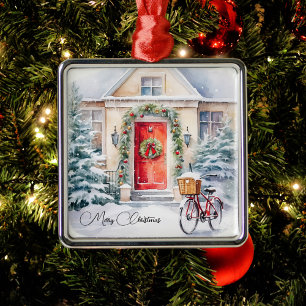Personalised Red Door Christmas Cottage Metal Ornament