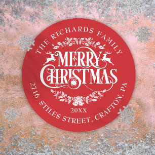 Personalised Red Elegant Classic Merry Christmas Round Sticker