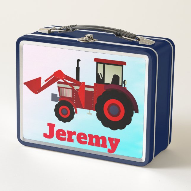 Personalised Red Farm Tractor Metal Lunch Box (Front)