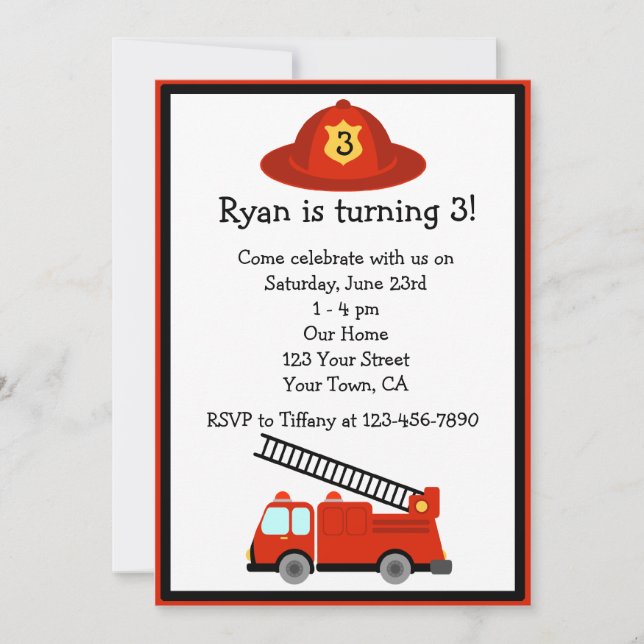 Personalised Red Fire Truck Birthday Party Invite (Front)