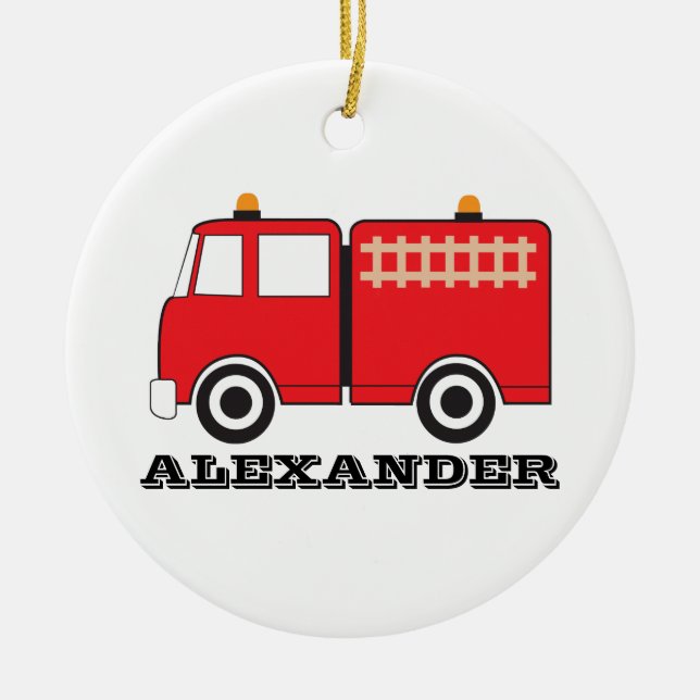 Personalised Red Fire Truck Ceramic Ornament (Front)