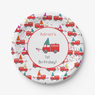 Personalised Red Fire Truck Party Pattern Birthday Paper Plate